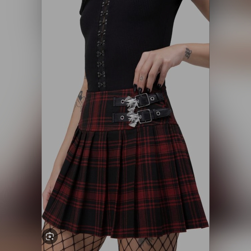 Killstar Red and Black Plaid Mini Skirt With Silver Bat Hardware Straps